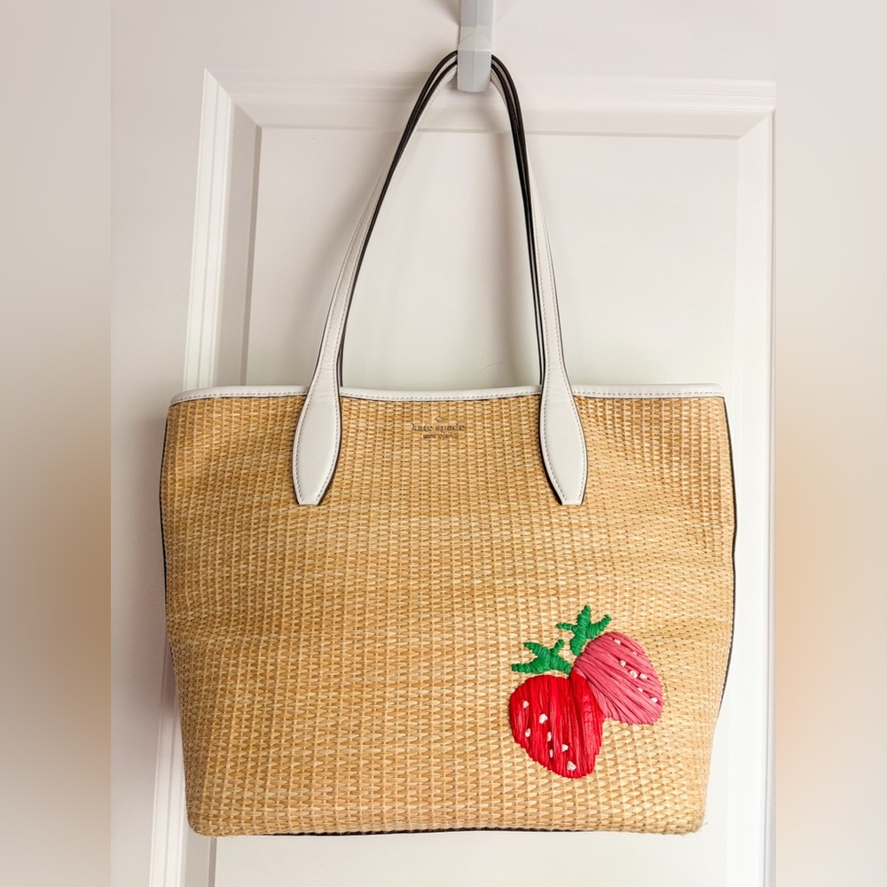 kate spade Natural Straw Tote with White Trim and Red Pink Strawberry